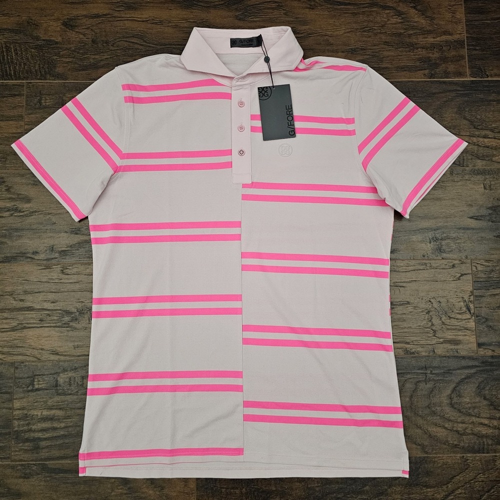 G/Fore Mens Medium Pink Stripe Golf Polo Shirt Offset Stripes Performance‎ New